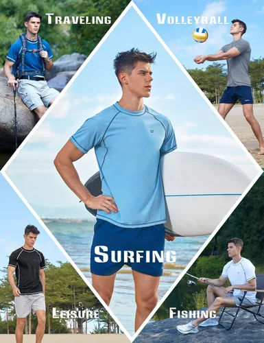 Vista 5 de Camisetas de natación para hombre, manga corta, protección solar UPF 50+, protección solar UV, secado rápido, natación, pesca, agua, playa, camisetas