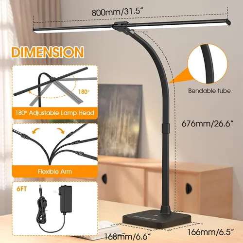 Vista 5 de ShineTech - Lámpara de escritorio LED de 24 W, doble cabezal con carga inalámbrica 25 Lighting Modes, USB Port, Dual Swing Arm, Eye-Caring