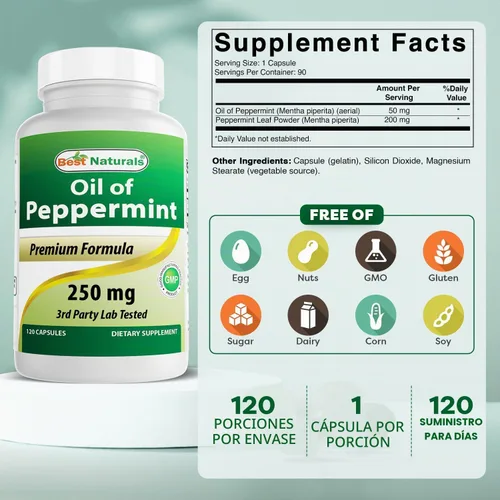 Vista 2 de Best Naturals Suplemento dietético calmante de aceite de menta, 250 mg, 120