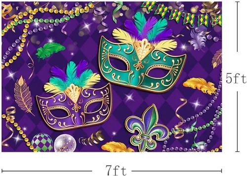 Vista 3 de MEHOFOND Telón de fondo de Mardi Gras de 7 x 5 pies, para baile de graduación, carnaval, fiesta, fotografía, fondo morado, verde, dorado, cuentas
