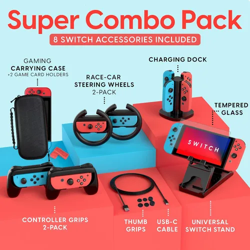Vista 2 de TALK WORKS Super Combo Pack Accessories for Nintendo Switch - 2 Grips, 2 Wheel Controller Grips, 2 Game Card Holders, 1 Charging Dock, Thumb Grips