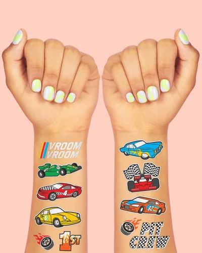 Vista 3 de xo, Fetti Suministros de fiesta de autos de carreras, tatuajes temporales - 46 estilos de aluminio Cumpleaños de carreras de autos de carreras