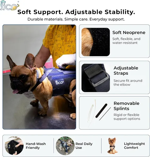 Vista 8 de Codera para perro (pierna derecha) – Soporte ajustable para pierna delantera para displasia de codo, artritis y alivio del dolor – Incluye férulas