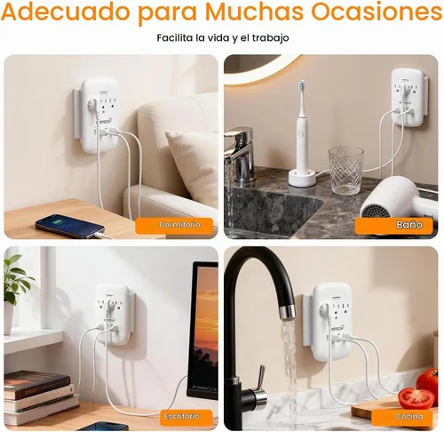 Vista 6 de Oviitech Adaptador de Montaje en Pared Multi Toma de Corriente con Protector Contra Picos de Corriente y 4 (4.2 AMP) Puertos USB de Carga, 3 Tomas