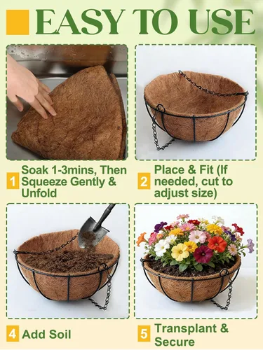 Vista 7 de ANPHSIN 4 forros de coco de 12 pulgadas para macetas colgantes, hechas de fibra de coco 100% natural, forro redondo grueso transpirable para porche