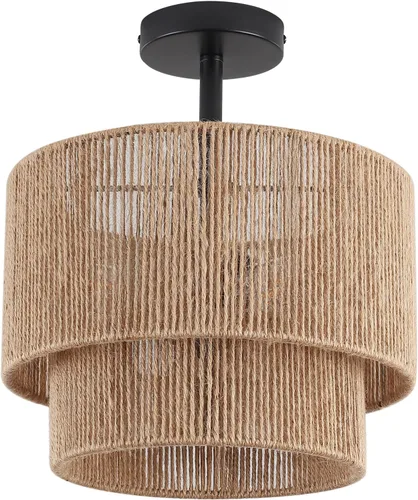 Vista 9 de 12.6" Boho Light Fixtures Ceiling Mount, Coastal Hemp Rope Semi Flush Mount Ceiling Light,3-Light Rustic Rattan Ceiling Light With 2-Tier Drum Shade
