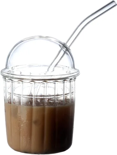 Vista 10 de TITA-DONG Lindos vasos para beber con tapa de cúpula y pajilla, vasos reutilizables de boca ancha para batidos de 15 onzas, vaso de vidrio para café