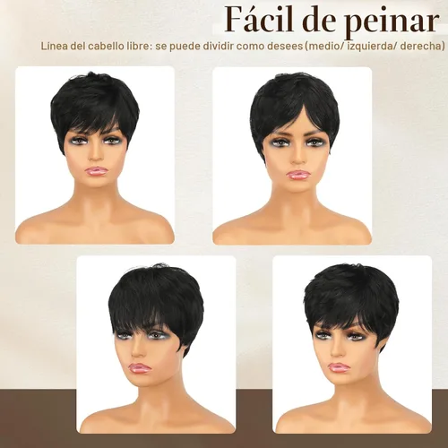 Vista 3 de RUWISS Peluca de cabello humano con corte Pixie, peluca de cabello humano con flequillo, peluca negra corta natural en capas, ondulada, diferentes