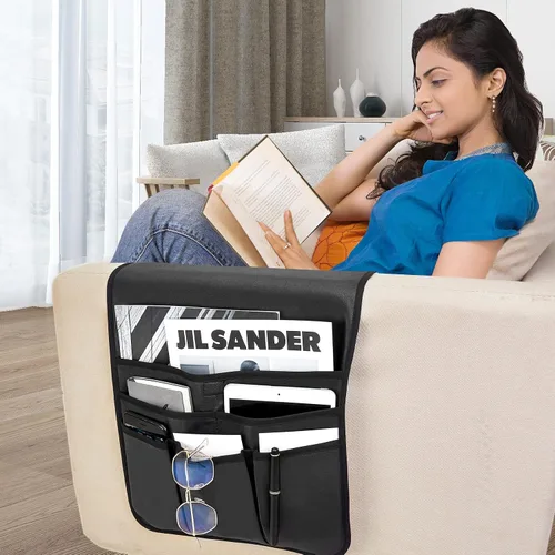Vista 6 de Teniux Soporte para Control Remoto de Cuero Sintético Organizador de Reposabrazos con 6 Bolsillos para sillón reclinable sofá, Organizador de Sillón
