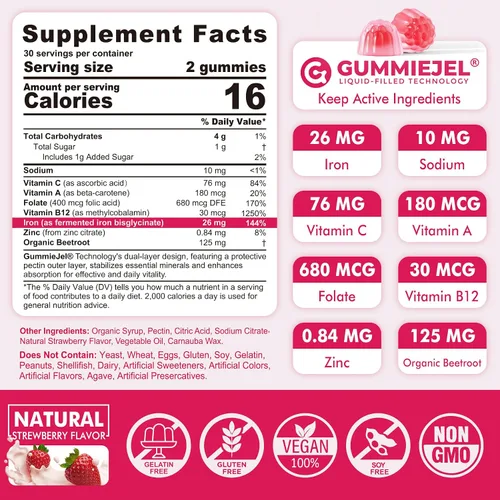 Vista 2 de Gomitas de hierro para mujeres y hombres, gomitas de bisglicinato de hierro de 26 mg, más vitamina C, folato, raíz de remolacha, B12 y zinc