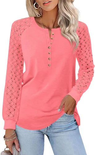 Vista 28 de Minetom Camisetas de manga larga con encaje para mujer, blusas casuales