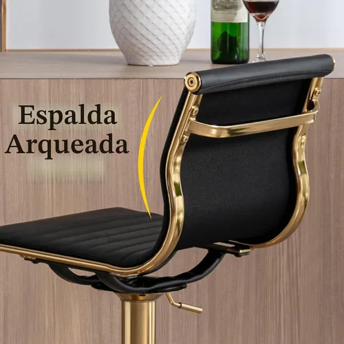 Vista 5 de Taburetes de bar ajustables de piel sintética, taburete de bar negro y dorado con respaldo, moderno taburete giratorio de altura de mostrador
