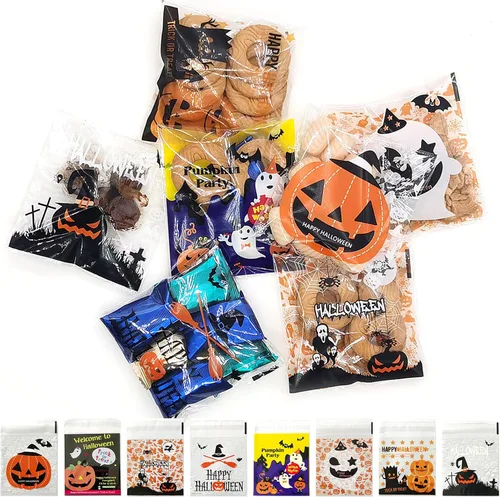 Vista 7 de 400 bolsas de dulces de Halloween, bolsas de celofán, con patrón de truco o trato, bolsas autoadhesivas para Halloween, dulce o truco, regalos