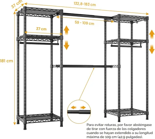 Vista 5 de Ulif E7 - Perchero para ropa, sistema de almacenamiento de ropa resistente con barras extensibles, perchero de metal con 6 estantes de alambre