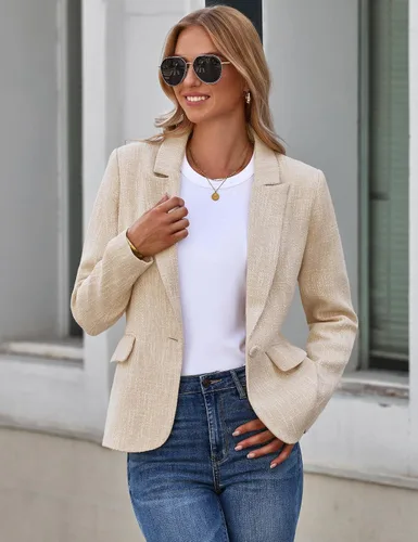 Vista 7 de luvamia Blazers de tweed para mujer, chaqueta casual de negocios, chaqueta elegante, trajes de trabajo, oficina, trajes profesionales de manga larga