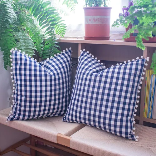 Vista 11 de HOPLEE Juego de 2 fundas de almohada de granja con pompones para decoración del hogar, 16 x 16 pulgadas, color azul claro