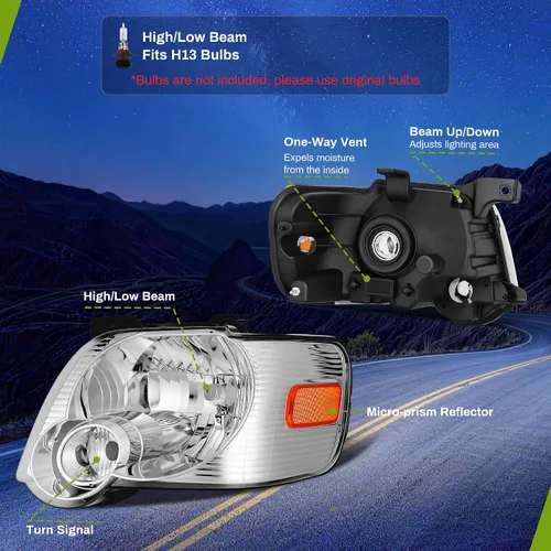 Vista 5 de Conjunto de repuesto de faros delanteros para Ford Explorer. Reflectores ámbar, carcasa cromada Compatible con Ford Explorer Sport Trac 2007-2010
