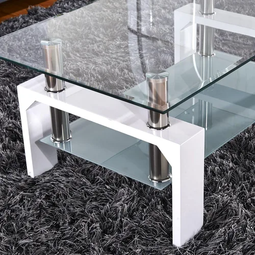 Vista 5 de Mesa de centro rectangular de cristal, mesa de centro lateral moderna blanca con estante inferior patas de metal, traje para sala de estar