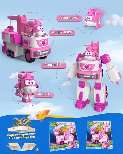 Vista 5 de Super Wings - Remolque de rescate de Dizzy's de 7 pies con mini figura rosa de Transform-a-Bot de 2 pies, juego de vehículos de juguete de avión
