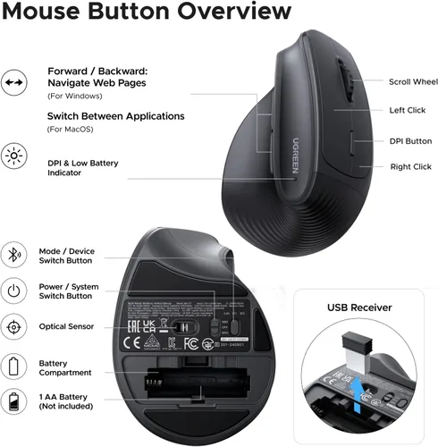Vista 9 de UGREEN Ratón inalámbrico ergonómico, Bluetooth y 2.4G inalámbrico, clics