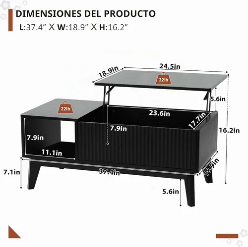 Vista 2 de LYNCOHOME Mesa de centro acanalada con compartimento oculto, mesas de centro elevables de madera, mesa central moderna para sala de estar, oficina