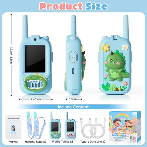 Vista 6 de Walkie Talkies de video para niños, paquete de 2 walkie talkies para niños con bonita cubierta de silicona, cambiador de voz, rango de 1000 pies