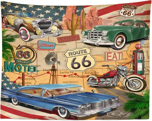 Vista 3 de BELECO Telón de fondo de fotografía con temática Route 66, tela de 5 x 3 pies, diseño retro de mapa de carretera, motel, motocicleta, autos, Arizona