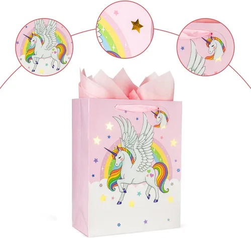 Vista 3 de Laidans Bolsa de regalo de unicornios grandes de 13 pulgadas para niñas y niños, baby shower con papel de seda, paquete de 1