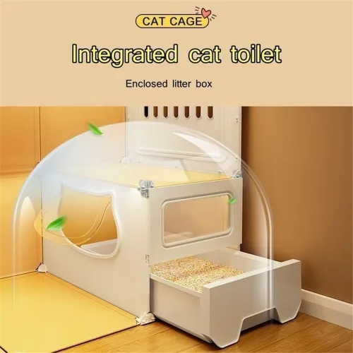 Vista 4 de Jaula grande para gatos para interiores, bonita casa para gatos con caja de arena para gatos, recintos de polietileno para interiores con puerta