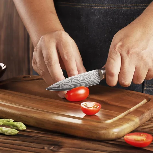 Vista 5 de Sunnecko Cuchillo de Cocina Pequeño de 3.5 Pulgadas, Cuchillo Mondador de Acero Inoxidable de Alto Carbono, Cuchillo de Fruta con Mango de Madera