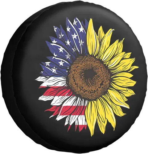 Vista 2 de Bandera Americana de Estados Unidos, cubierta de neumático de repuesto con diseño de girasol, protector de rueda a prueba de polvo, para remolque
