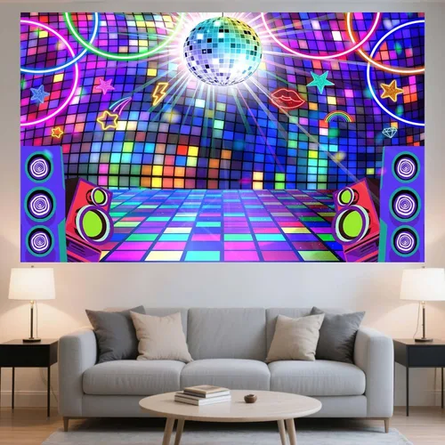 Vista 5 de Decoración de fiesta de discoteca de 5 x 3 pies, telón de fondo de discoteca, fiesta retro brillante de los años 70, 80 y 90, fondo de baile