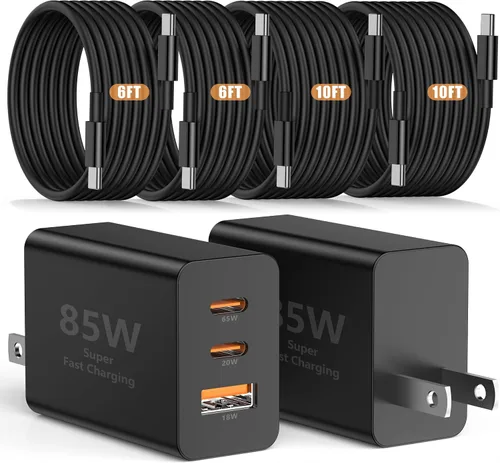 Vista 8 de Susnwere - Cargador de pared USB C de 85 W para Samsung S26 Ultra, 3 puertos de 100 W PD rápida 3.0 tipo C carga con cable USB C de 3/6/10/10 pies