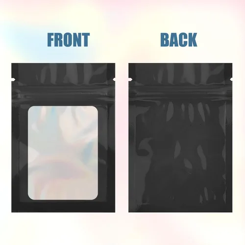 Vista 3 de 50 bolsas de Mylar negras de 2.7 x 3.9 pulgadas con ventana transparente, bolsa holográfica resellable para almacenamiento de alimentos, joyas
