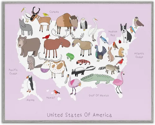 Vista 16 de Estados Unidos de América Mapa de Animales Kid's' Arte Giclée enmarcado Blanco costero (Texturado)