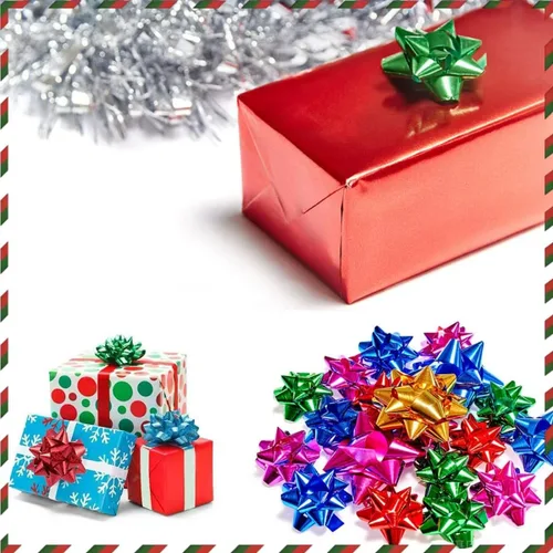 Vista 6 de 150 mini lazos de regalo de 1 pulgada, lazo pequeño de estrella de 1 pulgada, autoadhesivo pequeño metálico para envolver regalos, caja de regalo