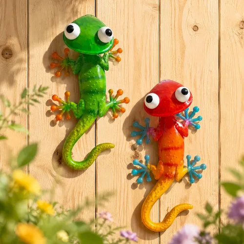 Vista 9 de HONGLAND Arte de pared de Gecko de metal, 2 unidades de lagarto de 15 pulgadas, decoración para exteriores, escultura de vidrio colgante, decoración