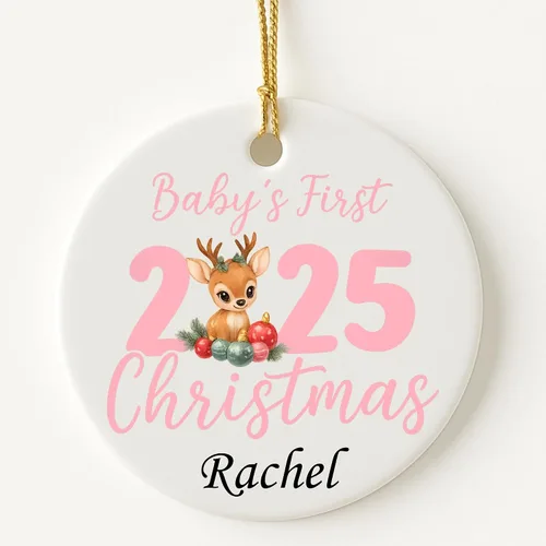 Vista 9 de Adorno personalizado para la primera Navidad del bebé 2025, recuerdo redondo de cerámica con nombre personalizado, decoración de árbol de Navidad