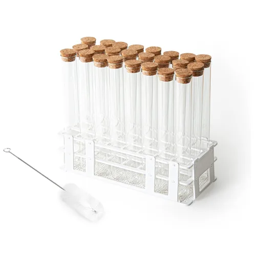 Vista 10 de 50 tubos de ensayo de vidrio transparente de 0.5 fl oz (0.512 x 3.937 in) con tapones de corcho y 1 estante de tubos de plástico de 50 agujeros