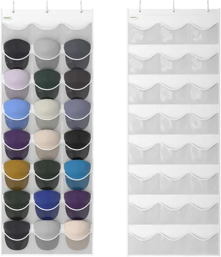Vista 15 de Estante para gorras de béisbol, organizador de 24 bolsillos para colgar en la puerta con bolsillos profundos transparentes para mostrar la colección