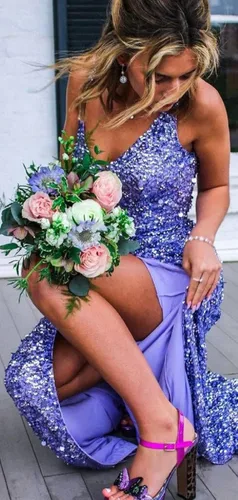 Vista 3 de DFDG Vestidos de fiesta formales con tirantes delgados y lentejuelas de sirena para mujer con abertura y cuello en V para fiesta