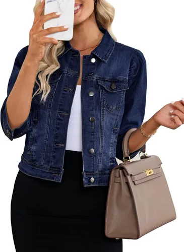 Vista 11 de Vetinee Chaqueta de mezclilla recortada para mujer, elástica, manga abombada 3/4, con bolsillos Azure Mood