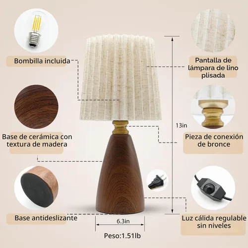 Vista 2 de Juego de 2 lámparas de mesa plisadas pequeñas para dormitorio, mini lámparas de noche para mesita de noche con pantalla redonda de lino de tela