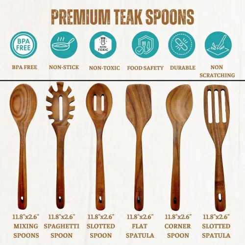 Vista 2 de Utensilios de madera para cocinar, cucharas saludables de teca premium, cucharas de madera para cocinar, cuchara de cocina de teca duradera