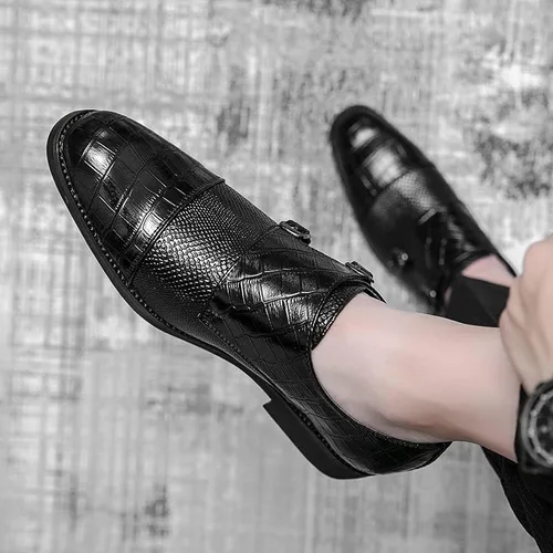 Vista 6 de HuitJours Men Black Blue Snakeskin Slips on Dress Shoes Double Monk Straps Classic Loafers Zapatos de Vestir para Hombre