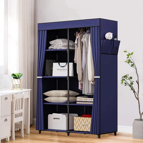 Vista 2 de Organizador portátil de ropa de armario de 36 pulgadas con estantes de metal y tela no tejida a prueba de polvo (azul)
