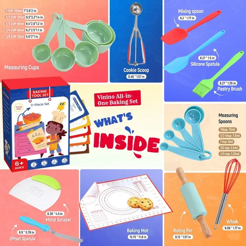 Vista 3 de Vinino Juego de 11 piezas para hornear y cocinar para niños, utensilios de hornear reales con libros de cocina para niños, accesorios de cocina
