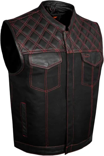 Vista 11 de GARGOYLE BELLS Chaleco de moto de mezclilla y cuero para hombre con bolsillos para pistola SOA Biker Club Chaleco con acolchado de diamante