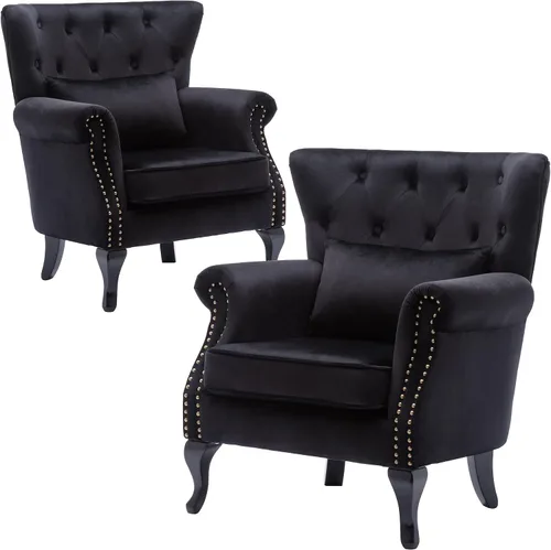 Vista 13 de Juego de 2 sillas decorativas modernas de mediados de siglo, sillón de tela de lino con respaldo acolchado/patas de madera, sillón de descanso