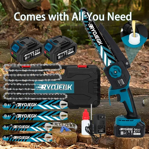 Vista 8 de RYOJEGK Mini motosierra sin escobillas de 8 y 6 pulgadas, 2 x 4.0 Ah de instalación sin herramientas, pequeña motosierra inalámbrica con 4 guía